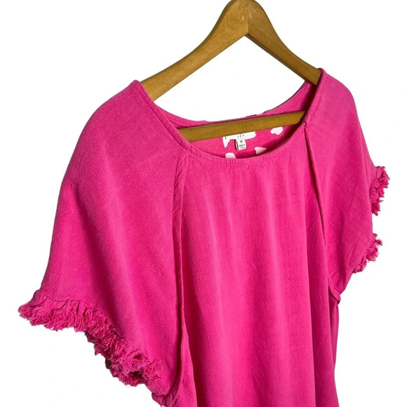UMGEE Barbiecore Mixed Media Print Fringe Sleeve Pink Short Sleeve Tunic Blouse - Picture 4 of 8